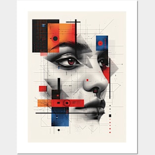 Illustration of an attractive woman's face with various geometric shapes and lines Posters and Art